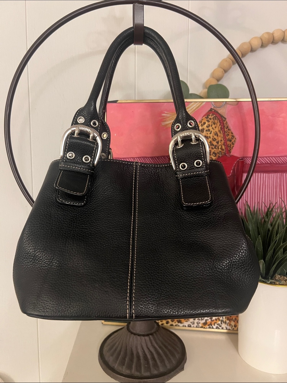 Tignanello Black Leather tote Bag with Silver Hardware